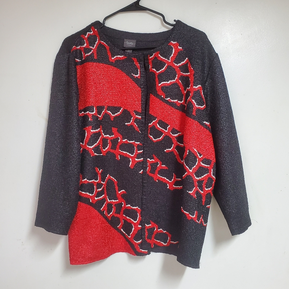 Chicos Traveler's 3 Open Front Jacket Blazer Black Red Textured 3/4 Sleeve XL